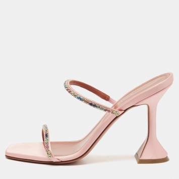 Pre Owned Amina Muaddi Pink Satin Gilda Crystal-Embellished Sandals Size 37