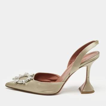 Pre Owned Amina Muaddi Grey Satin Begum  Crystal-Embellished Slingback Pumps Size 41        