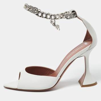 Pre Owned Amina Muaddi x AWGE White Leather Flacko Chain Ankle Strap Sandals Size 37
