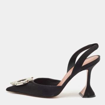 Amina Muaddi Black Satin Begum Crystal-Embellished Slingback Pumps Size 38