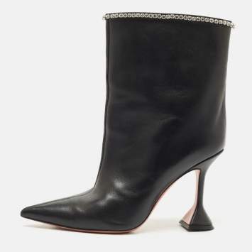Pre Owned Amina Muaddi Black Leather Crystal Embellished Ankle Length Boots Size 41