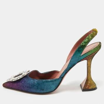 Amina Muaddi Multicolor Suede Begum Crystal Embellished Slingback Pumps Size 40.5