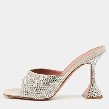 Pre Owned Amina Muaddi Sliver Satin lupita Slide Sandals Size 37.5