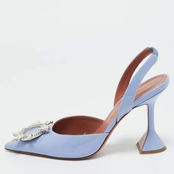 Pre Owned Amina Muaddi Blue Patent Leather Begum Slingback Pumps Size 37.5