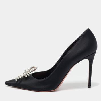 Pre Owned Amina Muaddi Black Satin Crystal Embellished Rosie Pumps Size 41