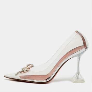 Pre Owned Amina Muaddi Transparent/Silver PVC and Leather Rosie Pointed Toe Pumps Size 39