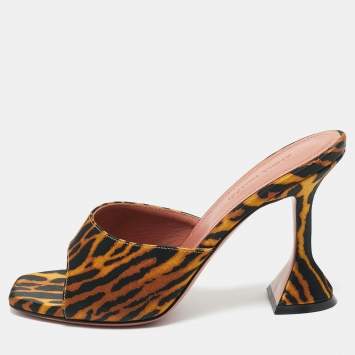 Pre Owned Amina Muaddi Two Tone Leopard Print Satin lupita Slide Sandals Size 37.5
