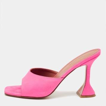 Pre Owned Amina Muaddi Neon Pink Suede Lupita Slide Sandals Size 38
