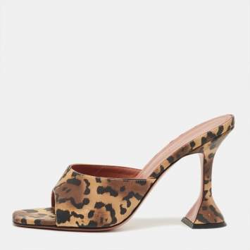 Pre Owned Amina Muaddi Black Leopard Print Satin lupita Slide Sandals Size 39