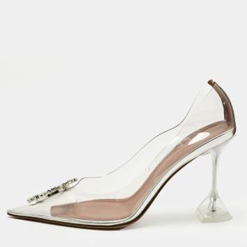 مملوكة مسبقًا Amina Muaddi Transparent/Silver PVC and Leather Rosie Pointed Toe Pumps Size 41