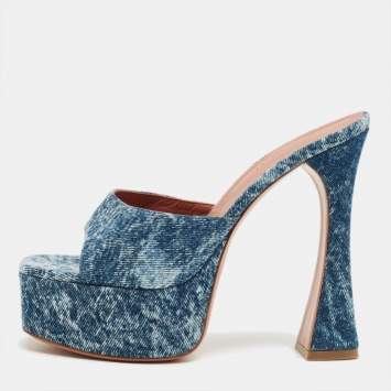 Pre Owned Amina Muaddi Blue Denim Dalida Platform Mules Size 38