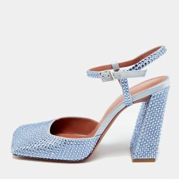مملوكة مسبقًا Amina Muaddi Blue Satin Crystal Embellished Charlotte Mary Jane Pumps Size 37