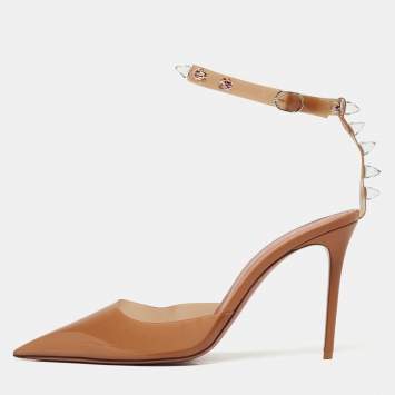 مملوكة مسبقًا Amina Muaddi Brown PVC Crystal Embellished  Julia  Ankle Strap Pumps Size 40