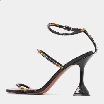Pre Owned Amina Muaddi Gilda Size 38.5 Black Patent Leather Ankle Strap Sandals