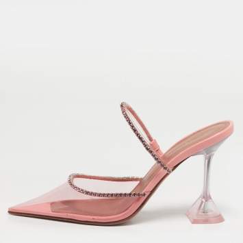 Pre Owned Amina Muaddi Gilda Size 38 Pink PVC Crystal Embellished Mules