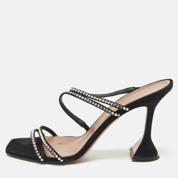 Pre Owned Amina Muaddi Gilda Size 42 Black Suede Crystal Embellished Slide Sandals