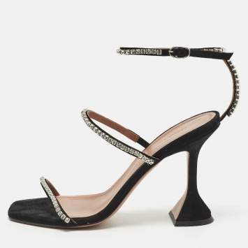 Pre Owned Amina Muaddi Gilda Size 37 Black Suede Ankle Strap Sandals