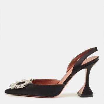 Pre Owned Amina Muaddi Begum Size 38.5 Black Satin Slingback Pumps