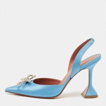 Pre Owned Amina Muaddi Begum Size 38 Blue Satin Slingback Pumps