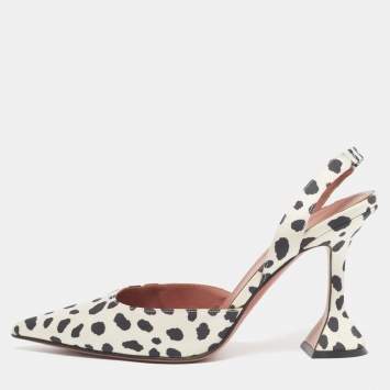 Pre Owned Amina Muaddi Begum Size 38 White/Black Satin Slingback Pumps