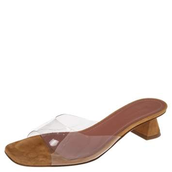 Pre Owned Amina Muaddi Brown/Transparent PVC and Suede Lupita Sandals Size 39.5