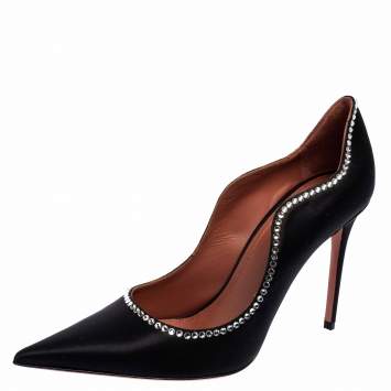 Pre Owned Amina Muaddi Black Satin Romy Crystal-Embellished Pointed-Toe Pumps Size 38.5