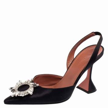 Pre Owned Amina Muaddi Black Satin Begum Crystal-Embellished Slingback Pumps Size 38