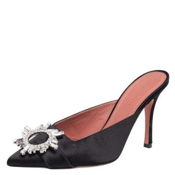Pre Owned Amina Muaddi Black Satin Crystal Embellished Mules Sandals Size 38