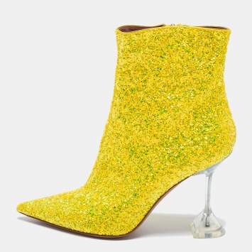 Pre Owned Amina Muaddi Yellow Glitter Giorgia Ankle Boots Size 39