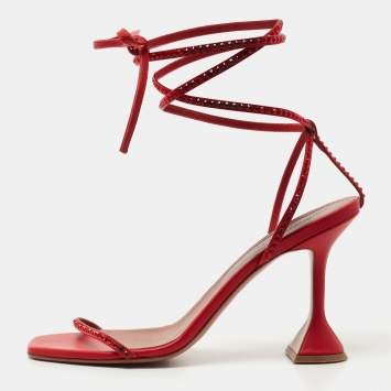 Pre Owned Amina Muaddi Red Leather Vita Crystals Ankle Wrap Sandals Size 41