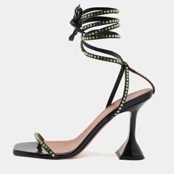 Pre Owned Amina Muaddi Black/Green Crystal Embellished Patent Leather Vita Ankle Tie Sandals Size 36