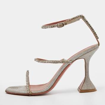Pre Owned Amina Muaddi Metallic Silver Leather Gilda Crystal Embellished Ankle Strap Sandals Size 38.5