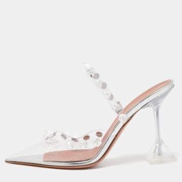 Pre Owned Amina Muaddi Transperent PVC Crystal Embellished Julia Mule Sandals Size 37