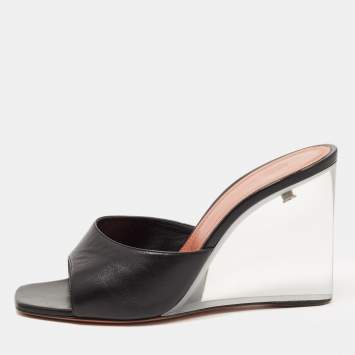 Pre Owned Amina Muaddi Black Leather Lupita Glass Wedge Sandals Size 38