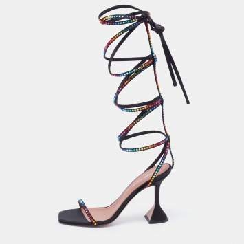 Pre Owned Amina Muaddi x AWGE Black Satin LSD Crystal Embellished Gladiator Sandals Size 37