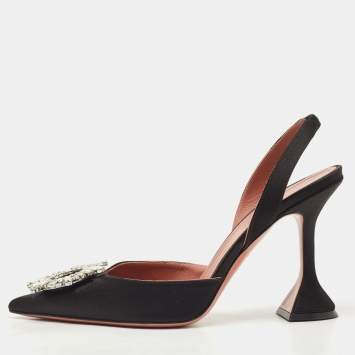 Pre Owned Amina Muaddi Black Satin Begum Crystal Embellished Slingback Pumps Size 39