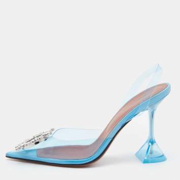Pre Owned Amina Muaddi Blue PVC Begum Crystal Embellished Slingback Pumps Size 36.5