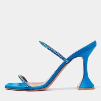 Pre Owned Amina Muaddi Blue Satin Crystal Gilda  Sandals Size 37.5