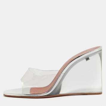 Pre Owned Amina Muaddi Transparent PVC Lupita Wedge Mules Size 40
