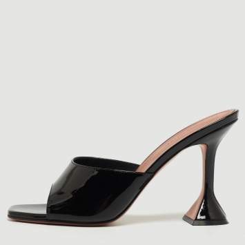 Pre Owned Amina Muaddi Black Patent Leather Lupita Open Slide Sandals Size 40