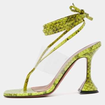 Pre Owned Amina Muaddi Two Tone Embossed Snakeskin and PVC Zula Ankle Tie Sandals Size 37