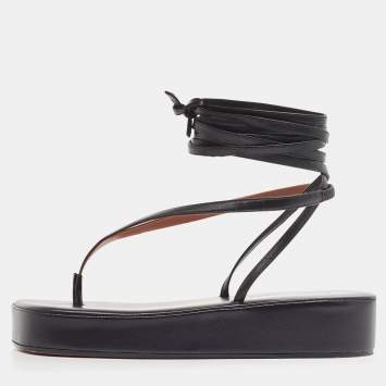 Pre Owned Amina Muaddi Black Leather Jamie Platform Ankle Wrap Sandals Size 37