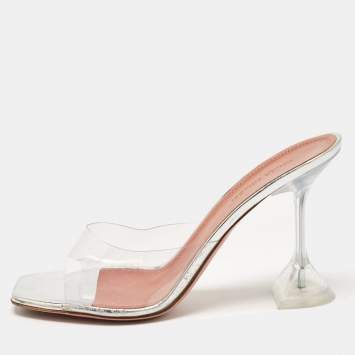 Pre Owned Amina Muaddi Silver PVC and Patent Leather Lupita Glass Sandals Size 38.5