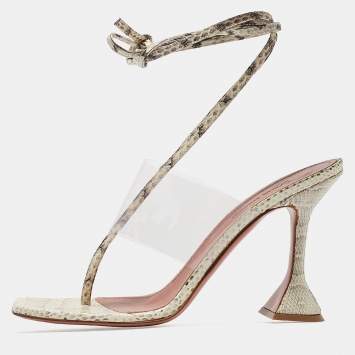 Pre Owned Amina Muaddi Cream/Beige Water Snakes and PVC  Zula Sandals Size 40.5