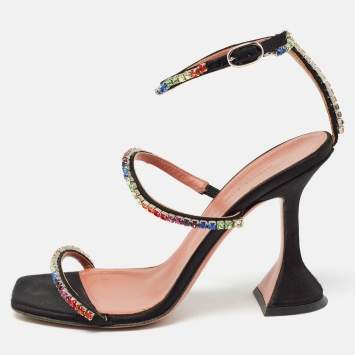 Pre Owned Amina Muaddi Black Satin Gilda Ankle Strap Sandals Size 35