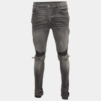 Pre Owned Amiri Grey Washed & Distressed Denim Zipped Jeans L Waist 33"