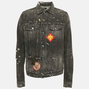 Pre Owned Amiri Black Distressed Denim Applique Detail Jacket XL