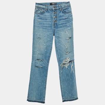 Pre Owned Amiri Blue Ripped Denim Rhinestone Jeans S/Waist 26"