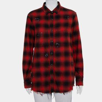 Pre Owned Amiri Red & Black Plaided Flannel Crystal Star Embellished Frayed Hem Shirt S