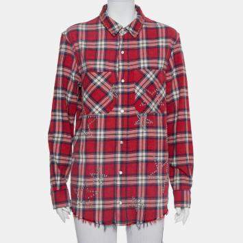 Pre Owned Amiri Red Plaided Flannel Studded Star Detail Shirt M